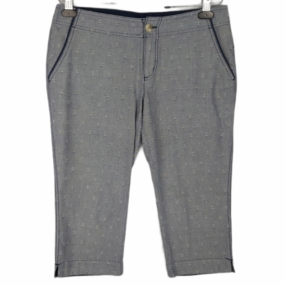 𝅺🍄3/50$🍄 Columbia PFG Capri Pants Anchor Pattern Embroidered Chambray Sz 8 - Picture 1 of 9